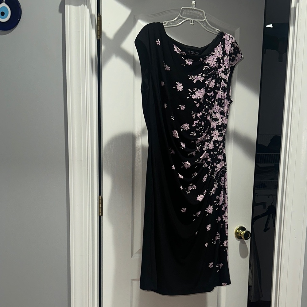Black Label Asymmetrical Black Dress with Pink Floral Design